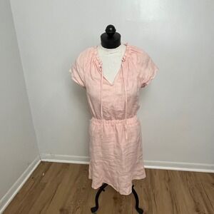 Anthro Pink Linen Dress Women's XS Short Sleeve Elastic‎ Waist Casual